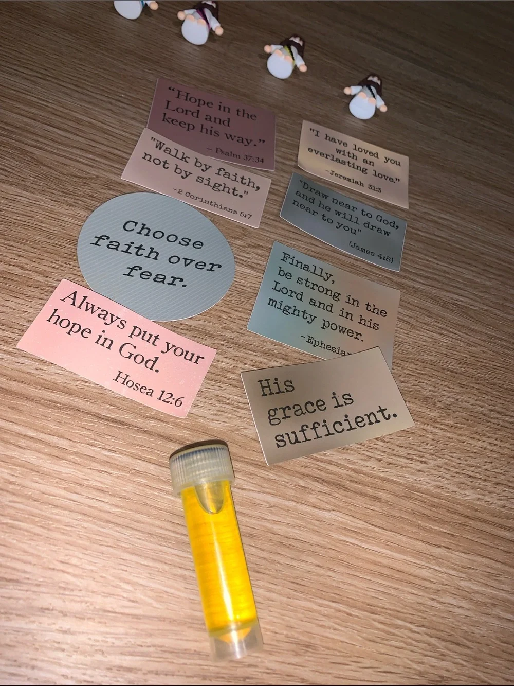 Faith based lot- 5 Jesus figures, 8 stickers, keychain, pen, oil and bookmark